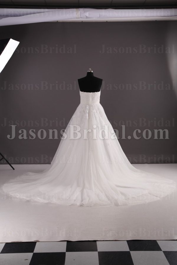 Princess A-line Tulle Wedding Dress Strapless Appliqued Beaded Embellished with Bolero Jacket Chapel Train