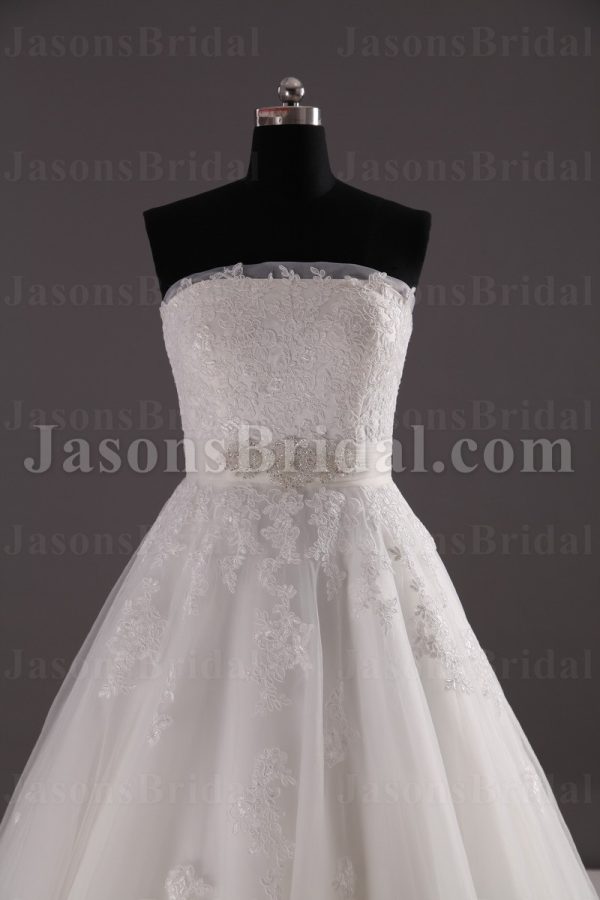 Princess A-line Tulle Wedding Dress Strapless Appliqued Beaded Embellished with Bolero Jacket Chapel Train