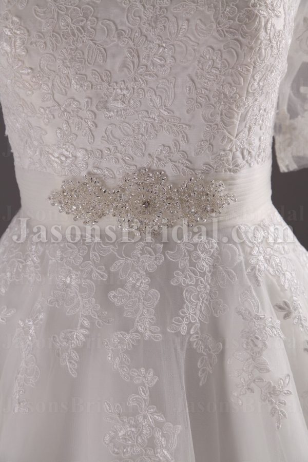 Princess A-line Tulle Wedding Dress Strapless Appliqued Beaded Embellished with Bolero Jacket Chapel Train