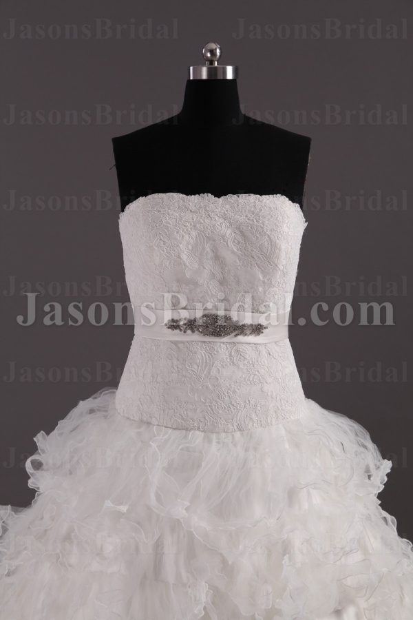 Fairytale Ballgown Tulle Wedding Dress Strapless Dropped Waist Tiered Ruffled Layers with Chapel Train