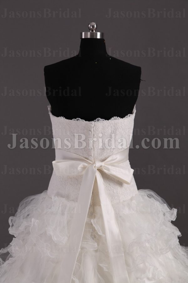 Fairytale Ballgown Tulle Wedding Dress Strapless Dropped Waist Tiered Ruffled Layers with Chapel Train