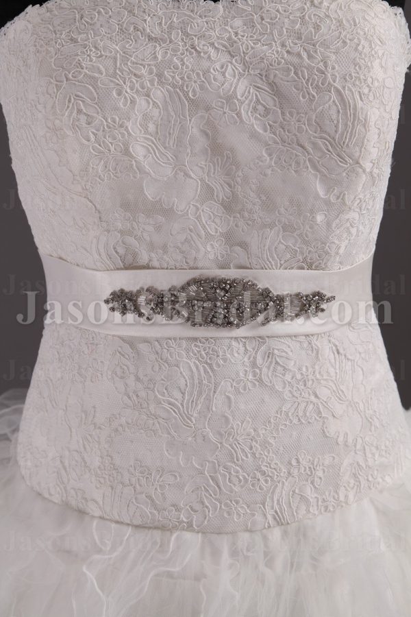 Fairytale Ballgown Tulle Wedding Dress Strapless Dropped Waist Tiered Ruffled Layers with Chapel Train