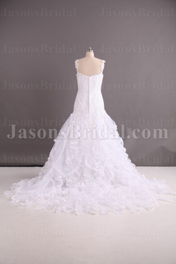 Trumpet Tulle Wedding Dress Appliqued Spaghetti Lace Straps Asymmetrical Tiered Ruffled Skirt with Chapel Train