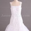 Trumpet Tulle Wedding Dress Appliqued Spaghetti Lace Straps Asymmetrical Tiered Ruffled Skirt with Chapel Train