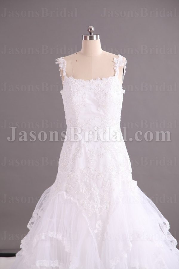 Trumpet Tulle Wedding Dress Appliqued Spaghetti Lace Straps Asymmetrical Tiered Ruffled Skirt with Chapel Train