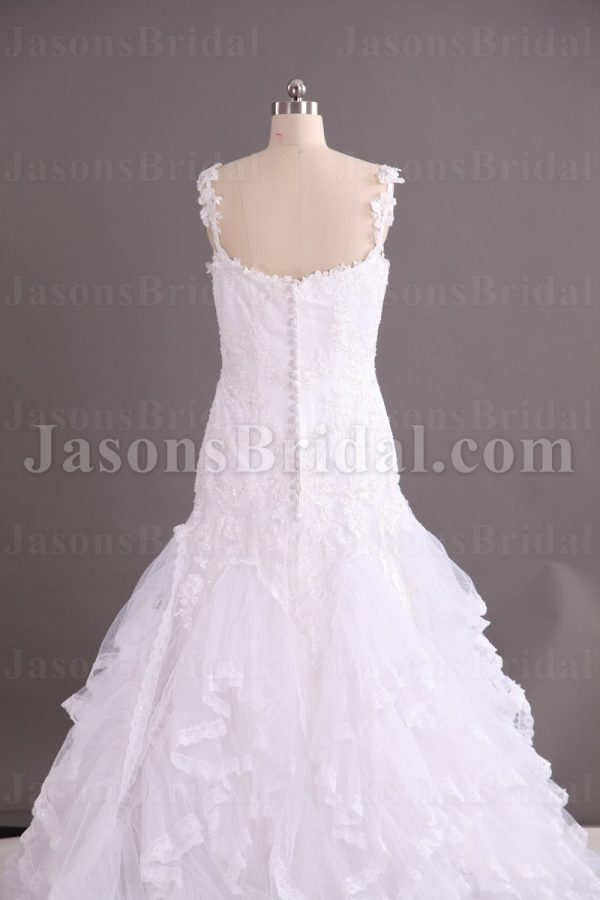 Trumpet Tulle Wedding Dress Appliqued Spaghetti Lace Straps Asymmetrical Tiered Ruffled Skirt with Chapel Train