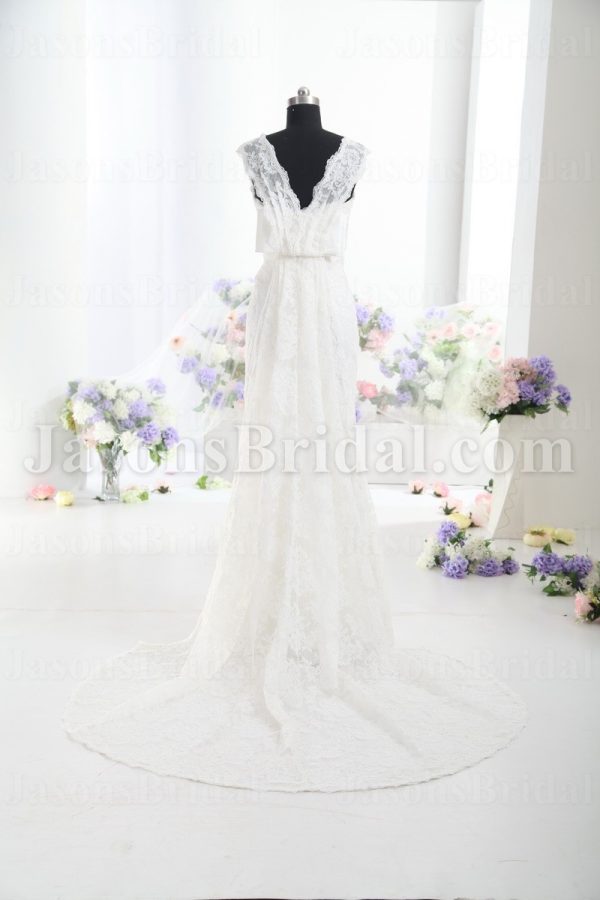 Fit-and-Flare Lace Wedding Dress Sleeveless Sheer Bodice Bateau Neck V-neck Waistband with Court Train