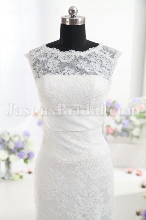 Fit-and-Flare Lace Wedding Dress Sleeveless Sheer Bodice Bateau Neck V-neck Waistband with Court Train