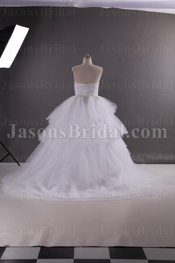 Fairytale Ballgown Tulle Wedding Dress Strapless Beaded Embroidered Tiered Skirt with Chapel Train