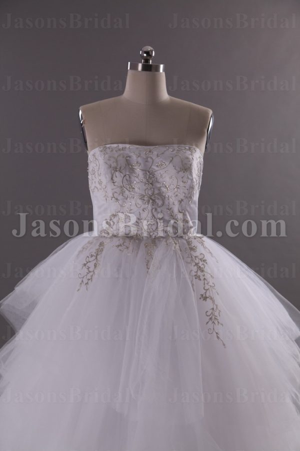 Fairytale Ballgown Tulle Wedding Dress Strapless Beaded Embroidered Tiered Skirt with Chapel Train