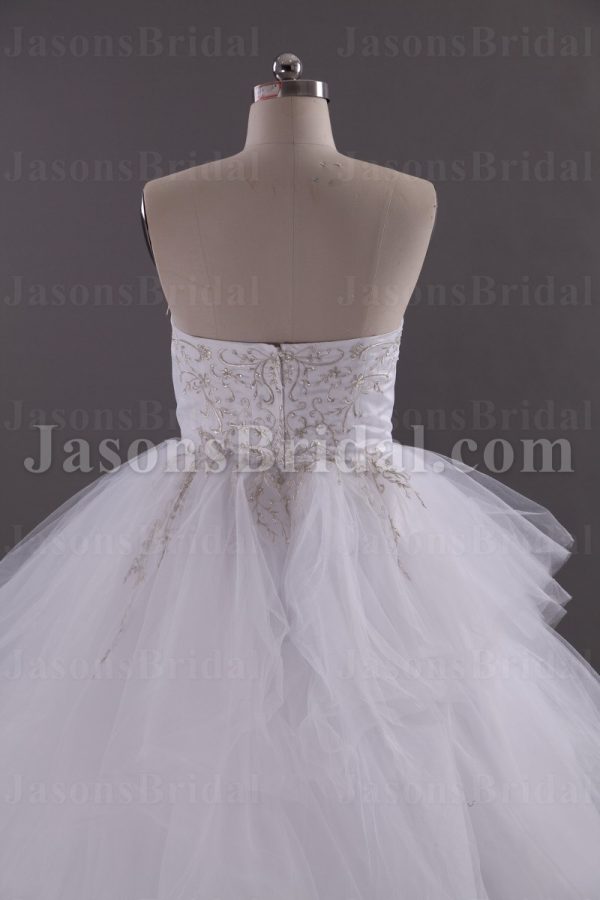 Fairytale Ballgown Tulle Wedding Dress Strapless Beaded Embroidered Tiered Skirt with Chapel Train