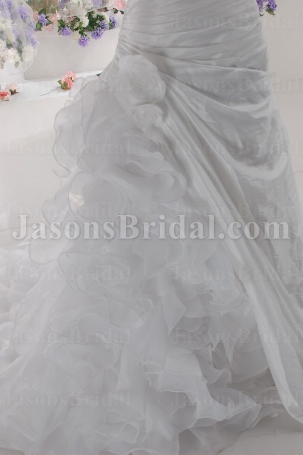 Fit-and-Flare Organza Taffeta Wedding Dress Strapless Pleated Asymmetrical Dropped Side Draped Peek Ruffled Skirt with Chapel Train