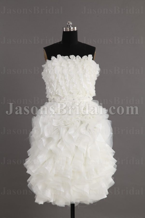 Short Length Little White Chiffon Wedding Dress Strapless Beaded Embellished Textured Ruffled Skirt