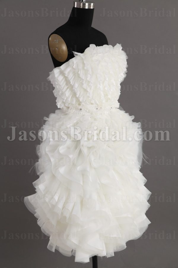 Short Length Little White Chiffon Wedding Dress Strapless Beaded Embellished Textured Ruffled Skirt