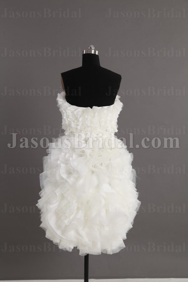Short Length Little White Chiffon Wedding Dress Strapless Beaded Embellished Textured Ruffled Skirt