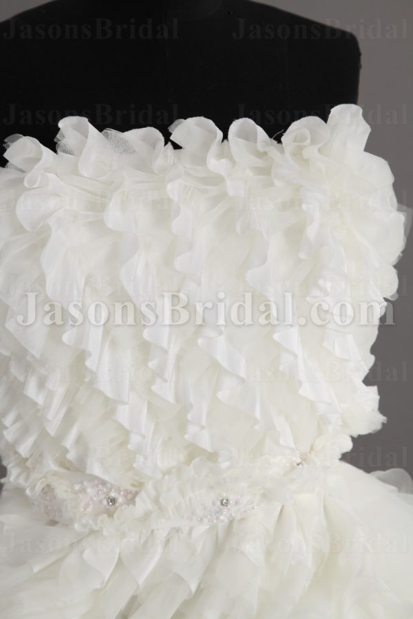 Short Length Little White Chiffon Wedding Dress Strapless Beaded Embellished Textured Ruffled Skirt