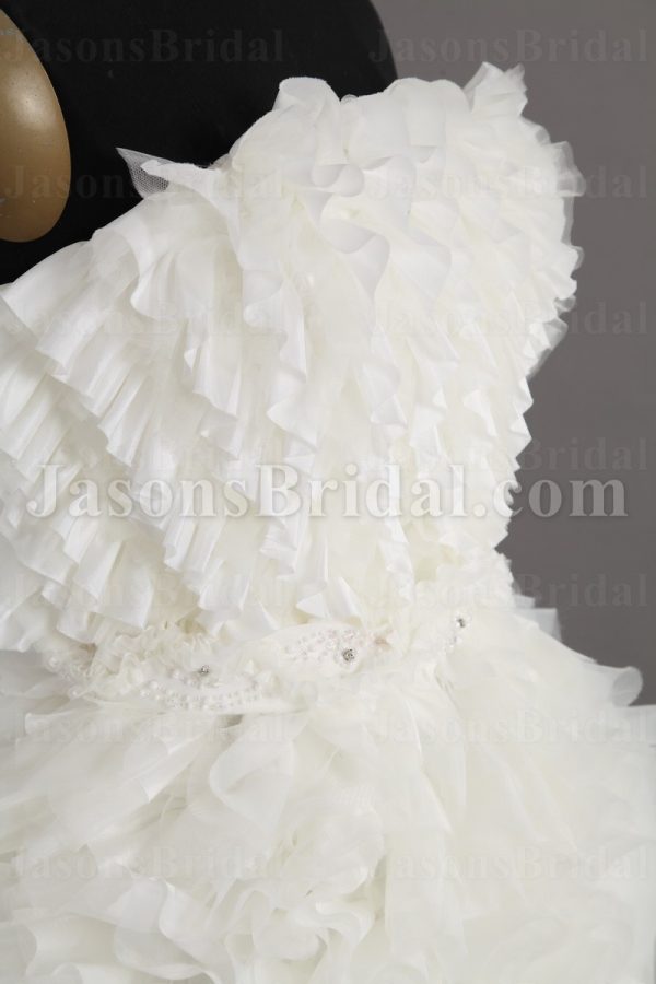 Short Length Little White Chiffon Wedding Dress Strapless Beaded Embellished Textured Ruffled Skirt