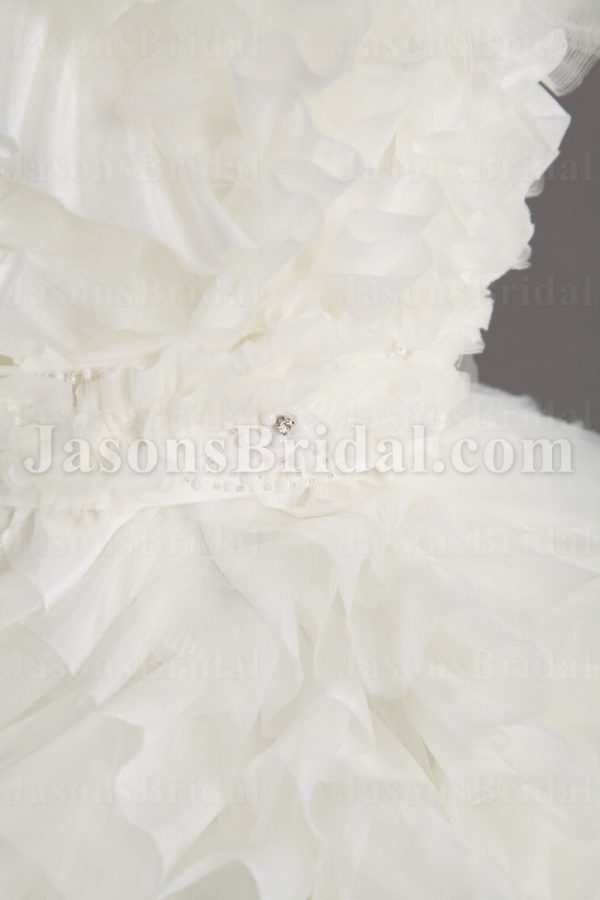 Short Length Little White Chiffon Wedding Dress Strapless Beaded Embellished Textured Ruffled Skirt