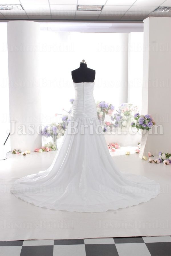 A-line Taffeta Wedding Dress Strapless Ruched Asymmetrical Dropped Pleated Skirt with Chapel Train