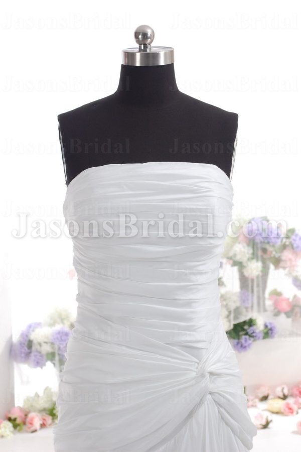 A-line Taffeta Wedding Dress Strapless Ruched Asymmetrical Dropped Pleated Skirt with Chapel Train