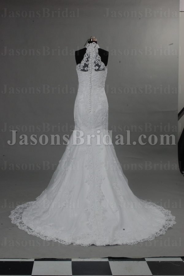 Mermaid High-neck Lace Wedding Dress Beaded Embellished Skirt with Sweep Train