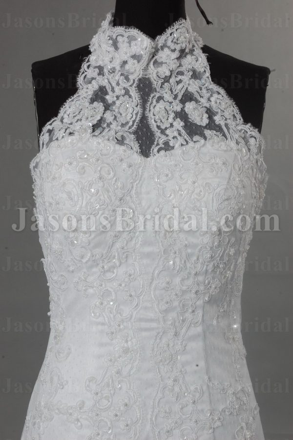 Mermaid High-neck Lace Wedding Dress Beaded Embellished Skirt with Sweep Train