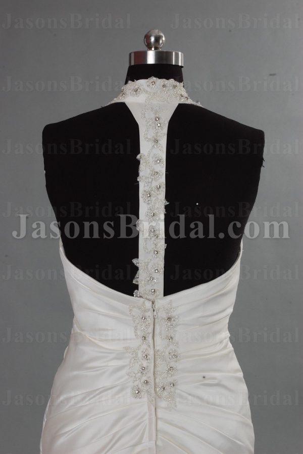 Fit-and-Flare Halter Satin Wedding Dress Beaded Ruched Embellished Pleated Skirt with Court Train