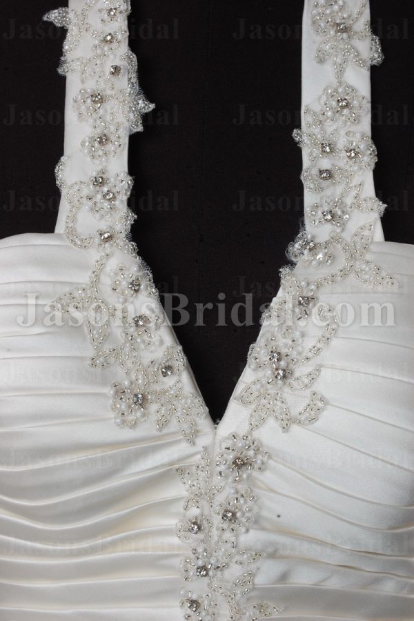 Fit-and-Flare Halter Satin Wedding Dress Beaded Ruched Embellished Pleated Skirt with Court Train