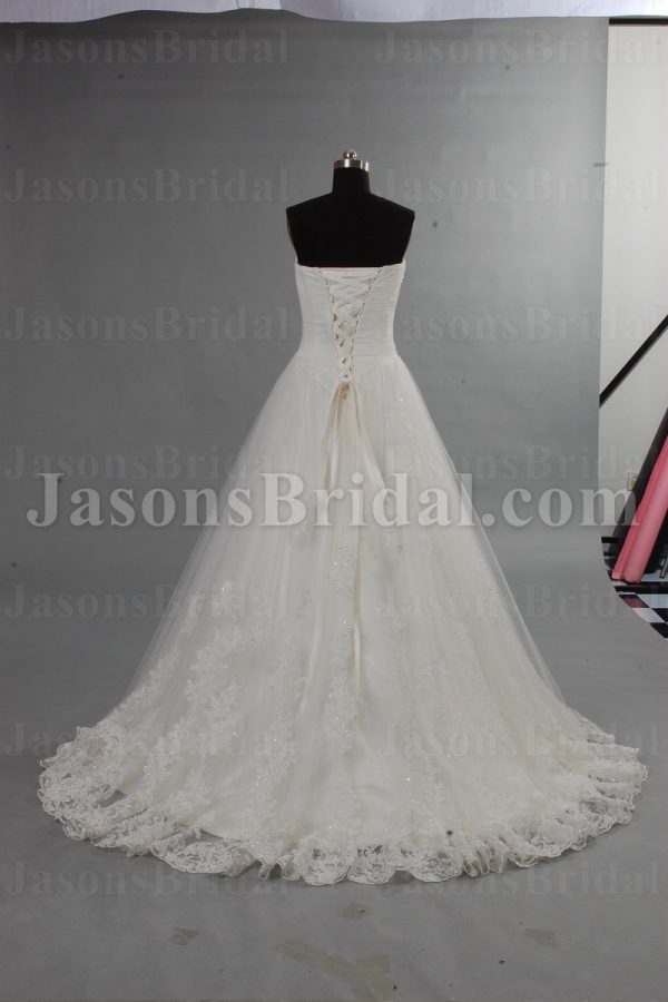 Princess A-line Lace Wedding Dress Sweetheart Cross Ruched Bodice with Sweep Train