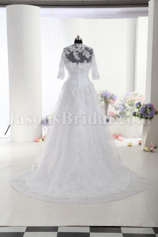 A-line Lace Wedding Dress Sweetheart Cross Ruched Bodice with Bolero Jacket Sweep Train