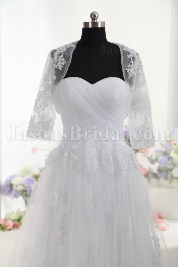 A-line Lace Wedding Dress Sweetheart Cross Ruched Bodice with Bolero Jacket Sweep Train