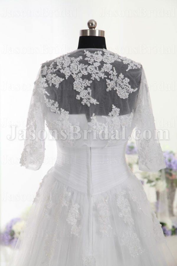 A-line Lace Wedding Dress Sweetheart Cross Ruched Bodice with Bolero Jacket Sweep Train
