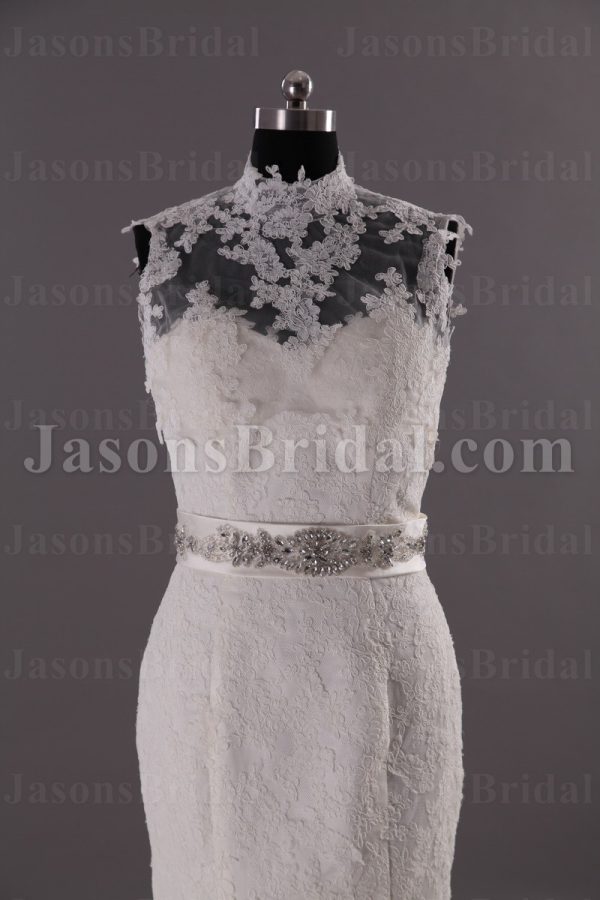 Mermaid Illusion Lace High-neck Wedding Dress Beaded Waistband Appliqued Skirt with Sweep Train