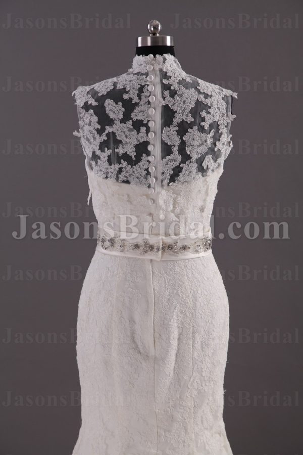 Mermaid Illusion Lace High-neck Wedding Dress Beaded Waistband Appliqued Skirt with Sweep Train