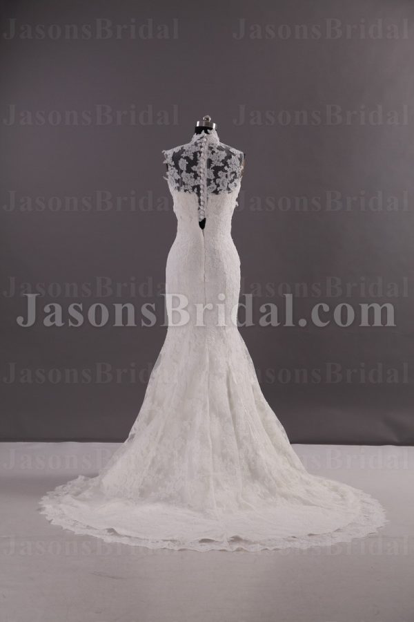 Mermaid Illusion Lace High-neck Wedding Dress Appliqued Skirt with Sweep Train