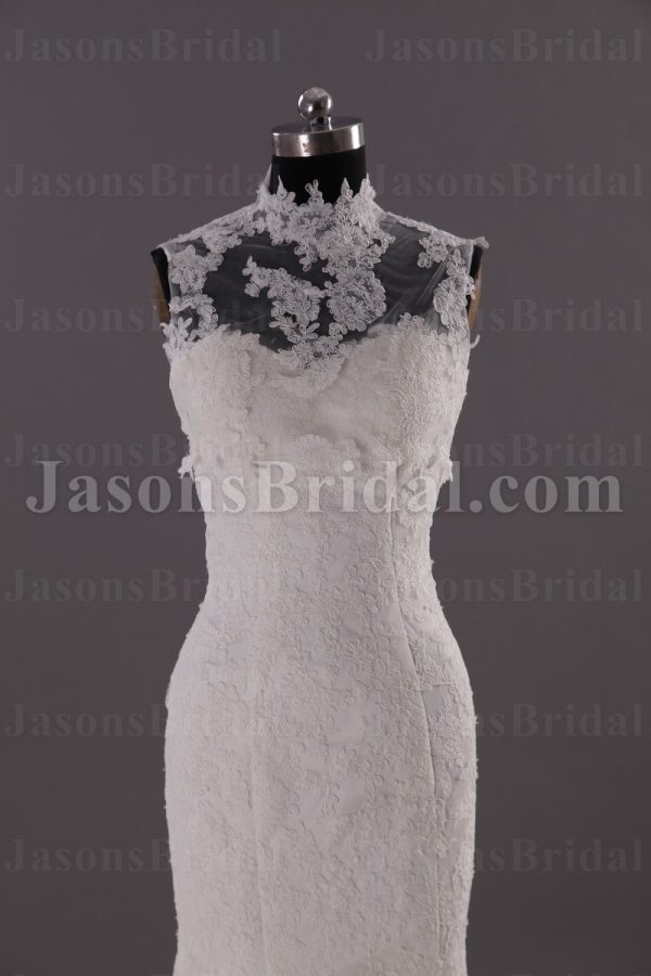 Mermaid Illusion Lace High-neck Wedding Dress Appliqued Skirt with Sweep Train