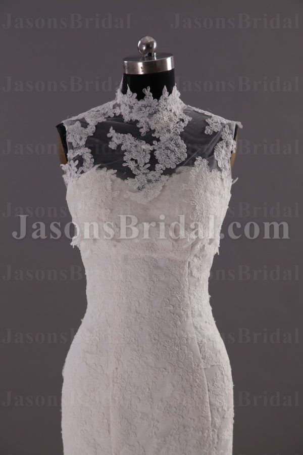 Mermaid Illusion Lace High-neck Wedding Dress Appliqued Skirt with Sweep Train