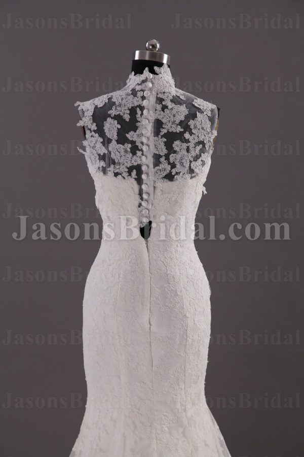Mermaid Illusion Lace High-neck Wedding Dress Appliqued Skirt with Sweep Train