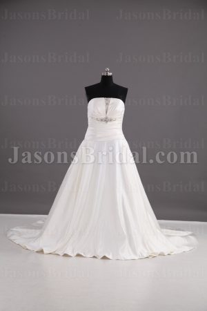A-line Satin Wedding Dress Strapless Beaded Embellished Asymmetrical Ruched with Semi-cathedral Train