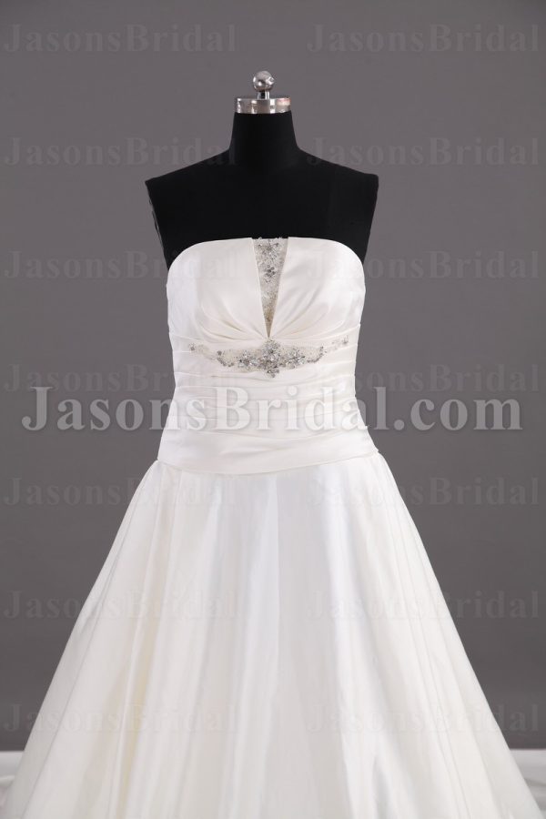 A-line Satin Wedding Dress Strapless Beaded Embellished Asymmetrical Ruched with Semi-cathedral Train