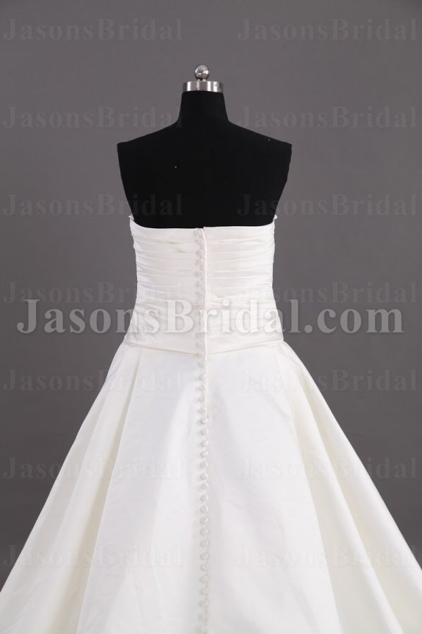 A-line Satin Wedding Dress Strapless Beaded Embellished Asymmetrical Ruched with Semi-cathedral Train