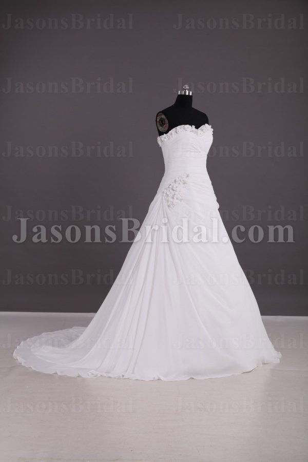 Elegant A-line Sweetheart Adorned Flowers Ruched Asymmetrical Side Motif Sweep Train Chiffon Wedding Dresses