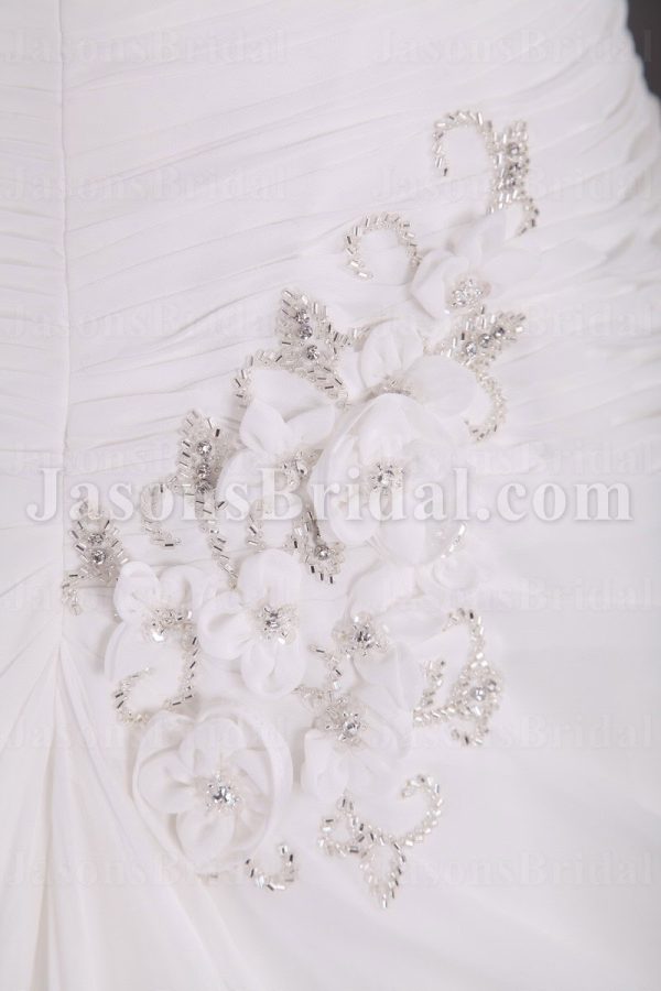 Elegant A-line Sweetheart Adorned Flowers Ruched Asymmetrical Side Motif Sweep Train Chiffon Wedding Dresses