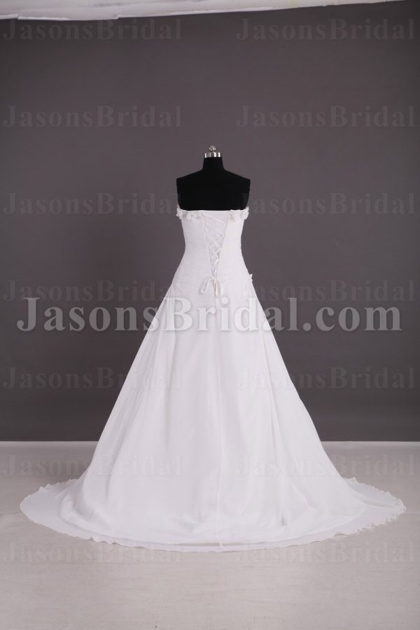 Elegant A-line Sweetheart Adorned Flowers Ruched Asymmetrical Side Motif Sweep Train Chiffon Wedding Dresses