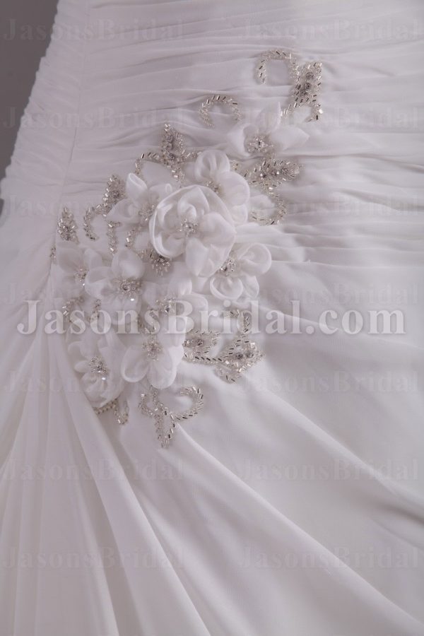 Elegant A-line Sweetheart Adorned Flowers Ruched Asymmetrical Side Motif Sweep Train Chiffon Wedding Dresses