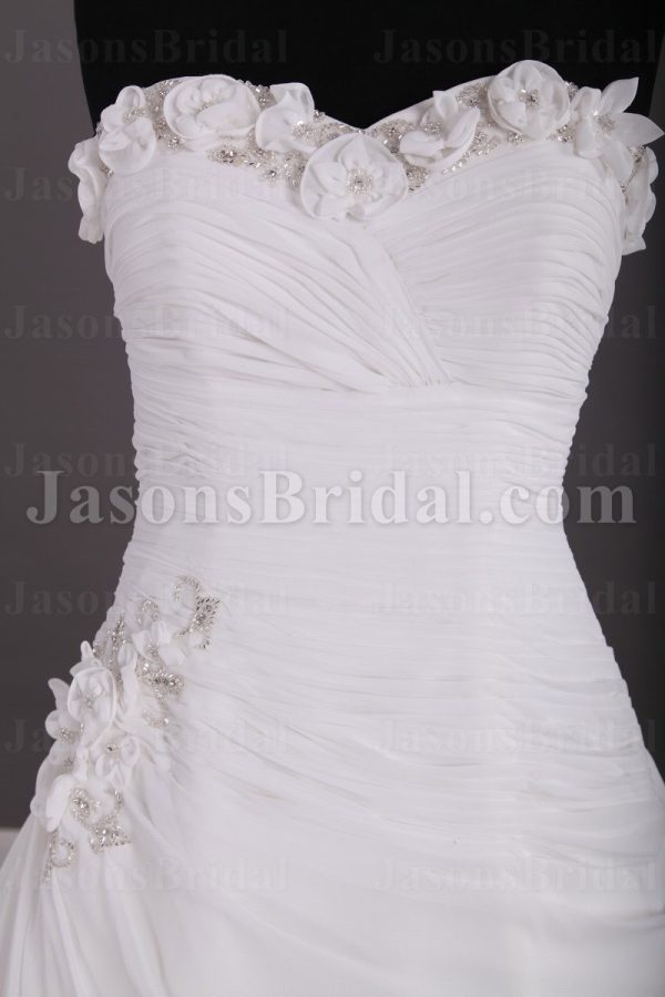 Elegant A-line Sweetheart Adorned Flowers Ruched Asymmetrical Side Motif Sweep Train Chiffon Wedding Dresses