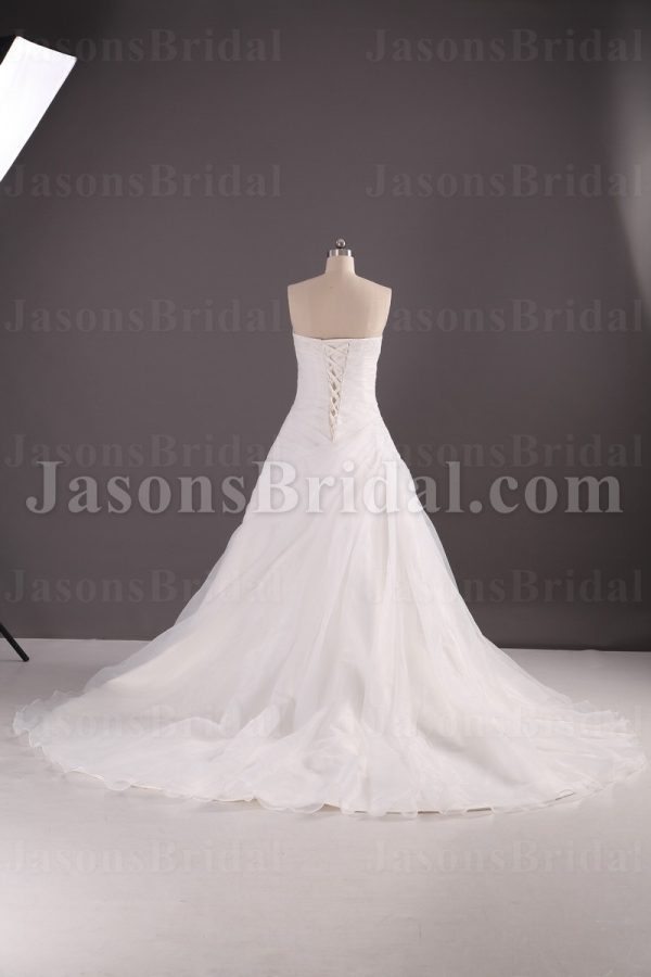 A-line Strapless Asymmetrical Ruched Beaded Chapel Train Organza over Satin Wedding Dresses
