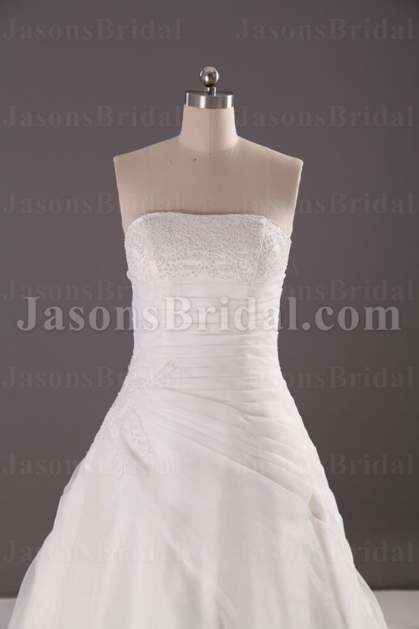 A-line Strapless Asymmetrical Ruched Beaded Chapel Train Organza over Satin Wedding Dresses