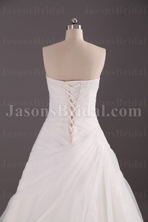 A-line Strapless Asymmetrical Ruched Beaded Chapel Train Organza over Satin Wedding Dresses