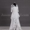A-line Illusion 3/4 Sleeves Scalloped V-neck Jeweled Belt Sheer Back Layered Open Front Court Train Tulle Lace Wedding Dresses